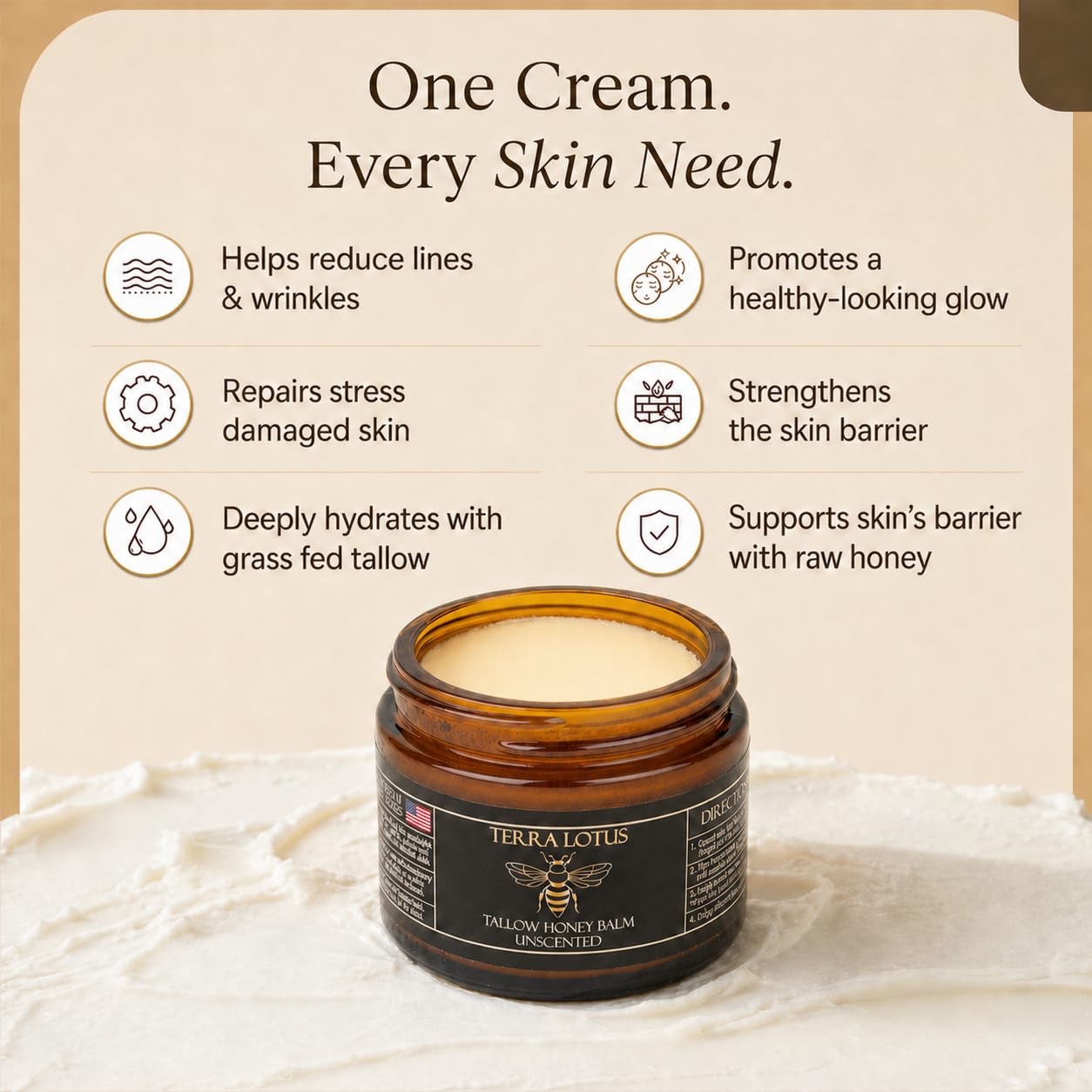 Terra Lotus - Organic Grass-Fed Beef Tallow Balm with Raw Honey - Moisturizing Cream for Soft, Smooth Skin - Handmade All-Natural Moisturizer (2 Oz, Vanilla)