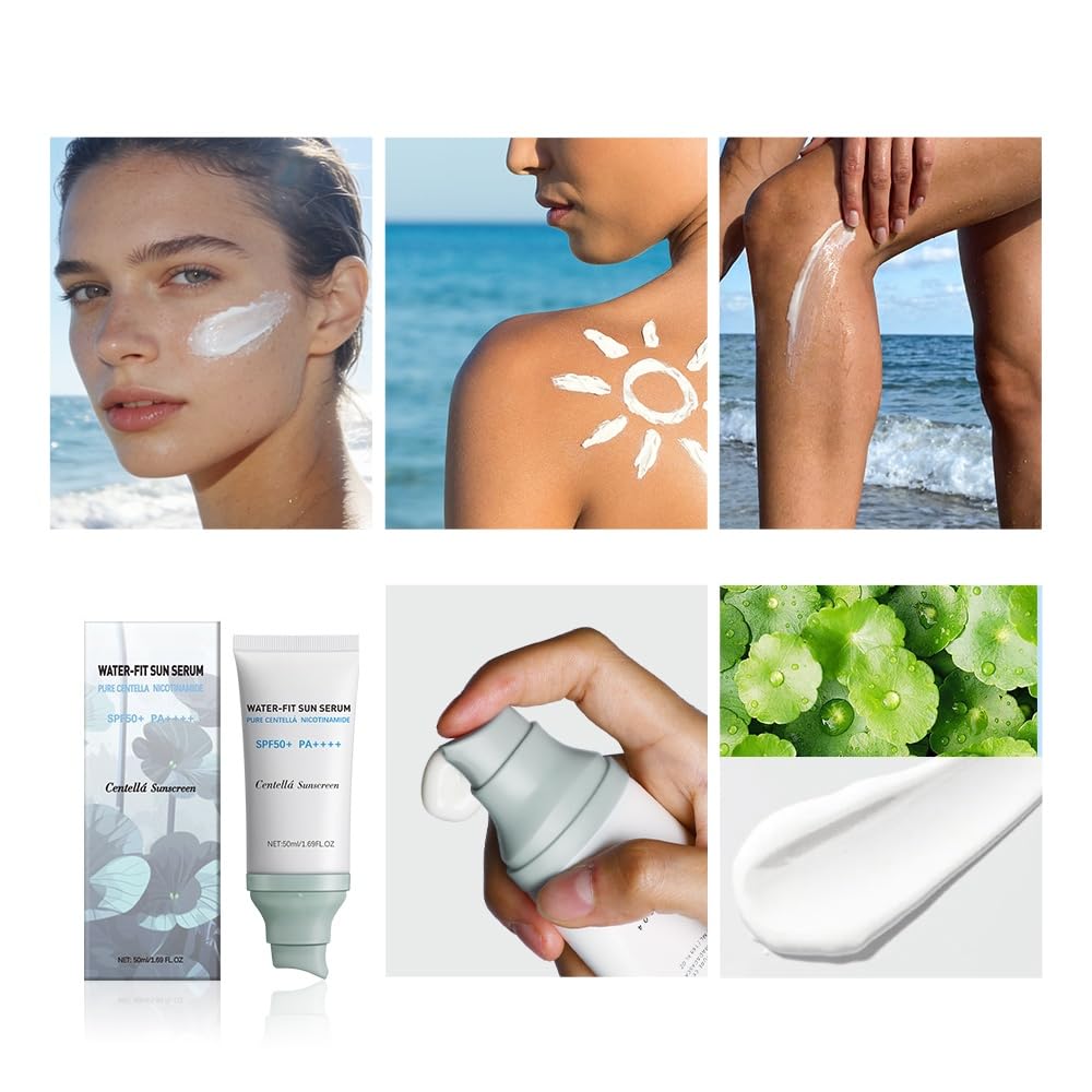 2Pcs Centella Sunscreen, Lightweight Hydrating Centella SPF50+ Water-Fit Sun Serum for All Skin Type and UV Defense