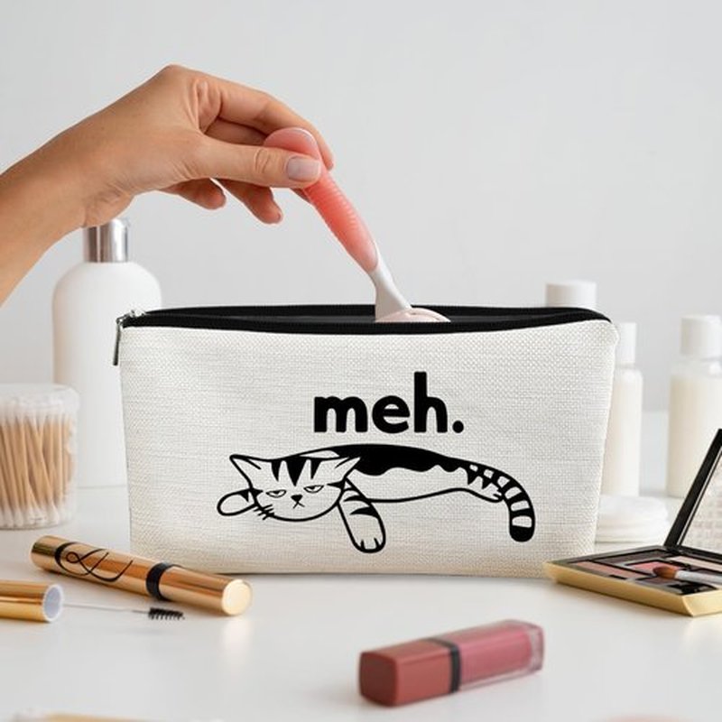 BARPERY Cat Meh Makeup Bag,Cat Gifts for Cat Lovers,Funny Sarcastic Cosmetic Bag Zipper Travel Toiletry Bag Best Gift Idea for Cat Lovers Teen Girls,Women Cat Mon Gifts
