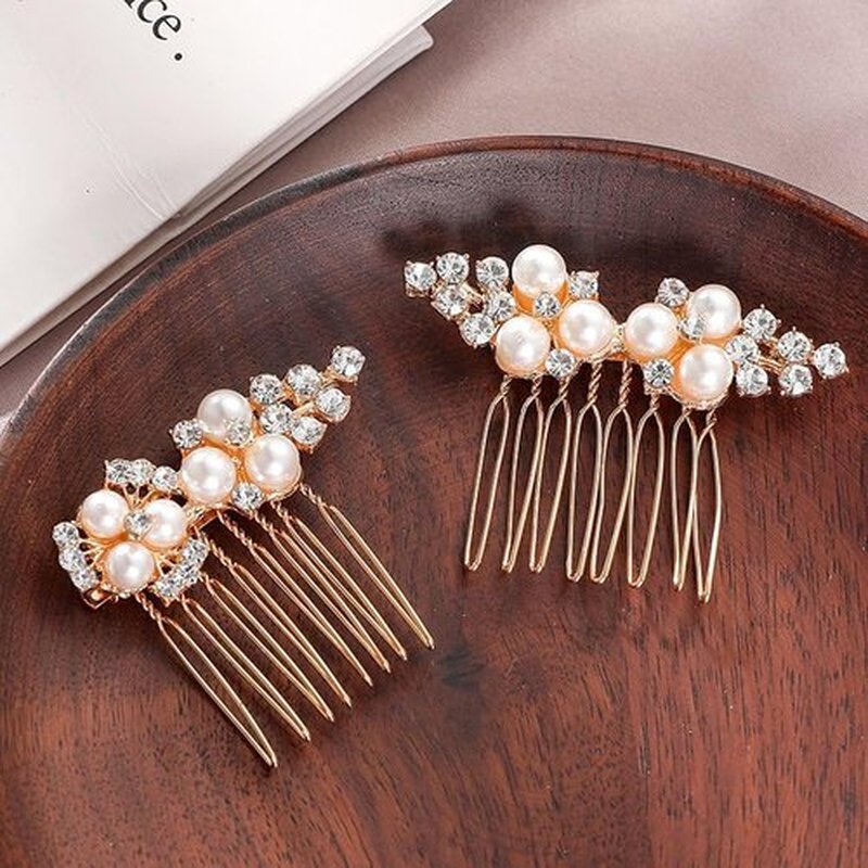ALUINN Gold Bridal Hair Comb For Wedding Hair Accessories, Crystals Bridal Hair Comb Piece, Pearls Hair Piece for Brides, Women (Gold)