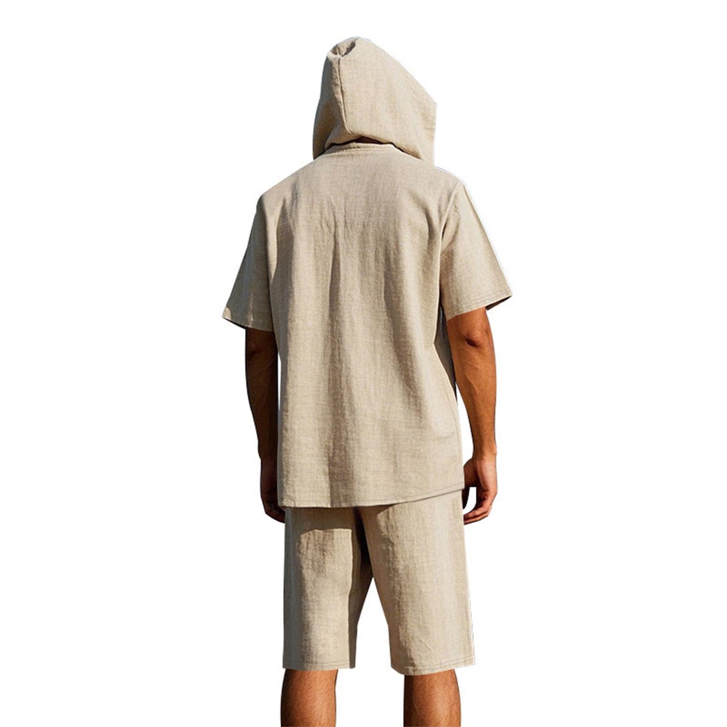 Costaric Men's 2 Piece Linen Outfits Short Sleeve Hooded Shirt and Shorts Set Casual Summer Matching Set Athletic Workout Beach Tracksuits Khaki 2XL