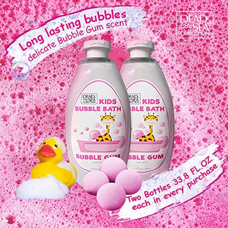 Dead Sea Collection Bubble Bath Kids with Bubble Gum Scent - Cleansing and Moisturizing Liquid Bubble Bath - Pure Dead Sea Minerals - Pack of 2 Large Bottles (67.6 fl.oz)