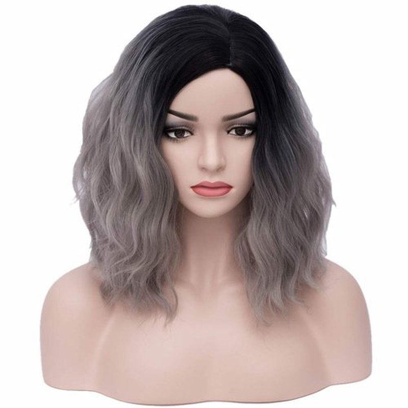 BERON 14" Women Girls Short Curly Bob Wavy Wig Body Wave Halloween Cosplay Daily Party Wigs (Black to Silver Grey)