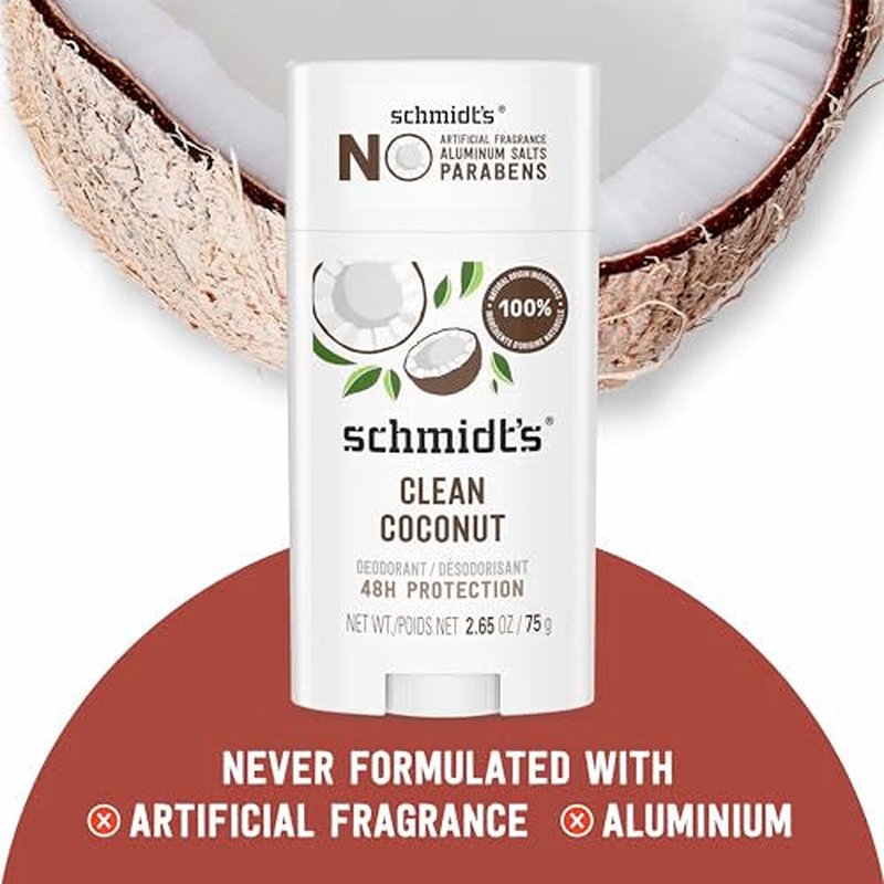Schmidt's Aluminum-Free Vegan Deodorant Clean Coconut for Women and Men, with 24 Hour Odor Protection, Natural Ingredients, Cruelty-Free, 2.65 oz