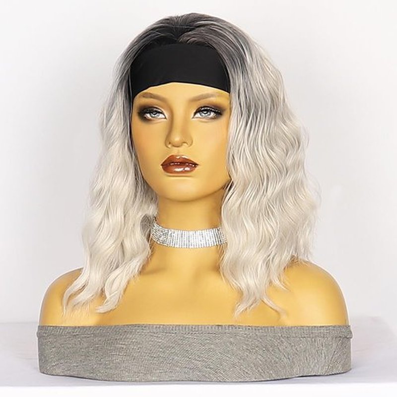 Short Wavy Bob Headband Wig Gray Headband Wigs for Black Women Natural Hairline Bob Wig Glueless Shoulder Length Synthetic Wig (Gray)
