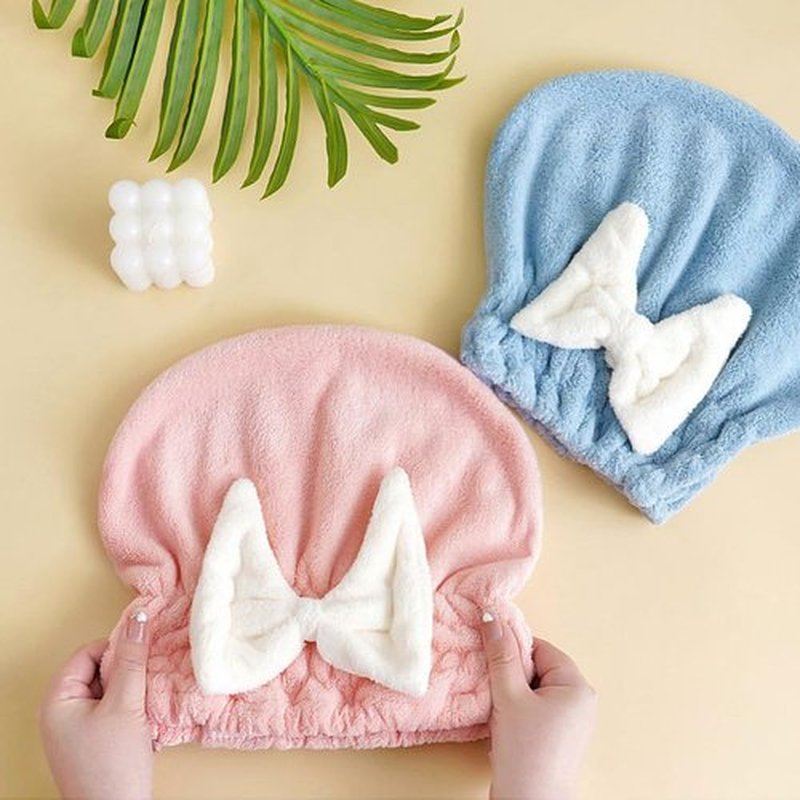 2Pcs Microfiber Hair Drying Caps Extrame Soft Ultra Absorbent Quick Drying Hair Turban Wrap Towels Bow Knot Shower Cap for Curly Long Thick Wet Hair Girls and Women (Blue+Pink)