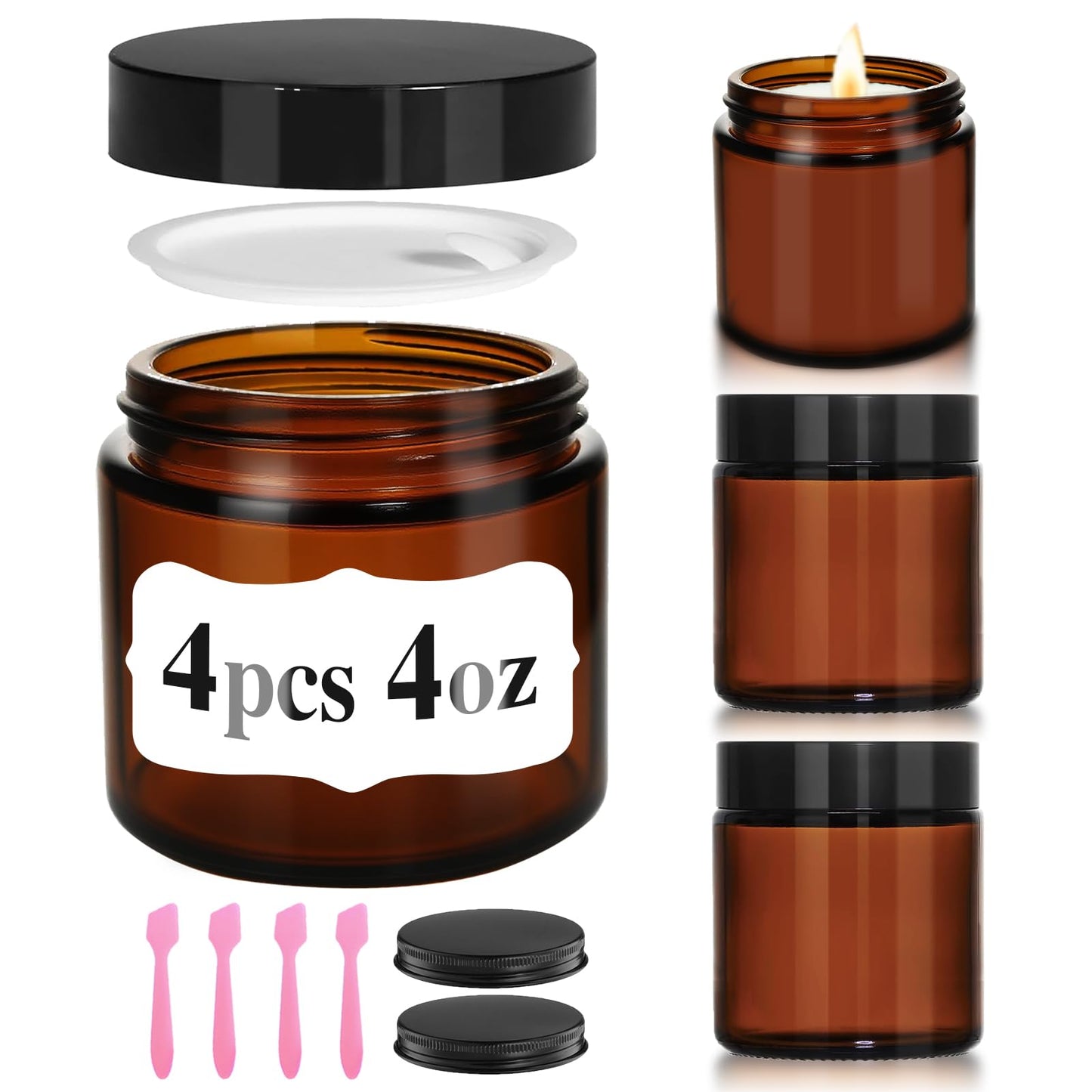 DPLASKA 4 oz Glass Jars with Lids, 4 Pack Small Amber Jars with Black Lids