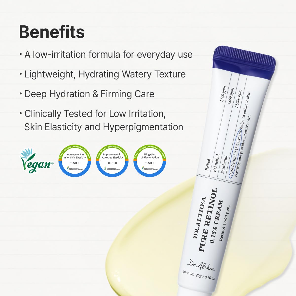 Dr.Althea Pure Retinol 0.15% Cream | Bakuchiol & Centella for Low Irritation | Helps with Dark Spots, Skin Tightening | Face Moisturizer for Anti Pigment | Korean Vegan Skincare, 0.70 Fl Oz