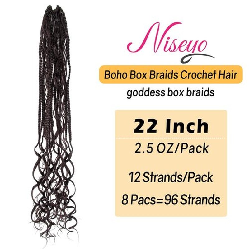 Niseyo Goddess Box Braids Crochet Hair 22 Inch 8 Packs Long Crochet Box Braids Pre Looped Curly Ends Boho Style Synthetic Hair (4#/Brown)