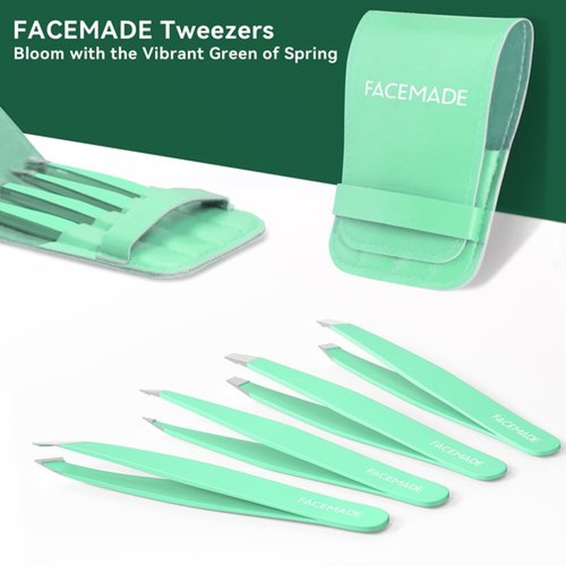 FACEMADE 4 Pack Tweezers Set - Professional Stainless Steel Tweezers for Men and Women, Precision Eyebrow Tweezers for Facial Hair, Chin, and Ingrown Hair Removal (Green)
