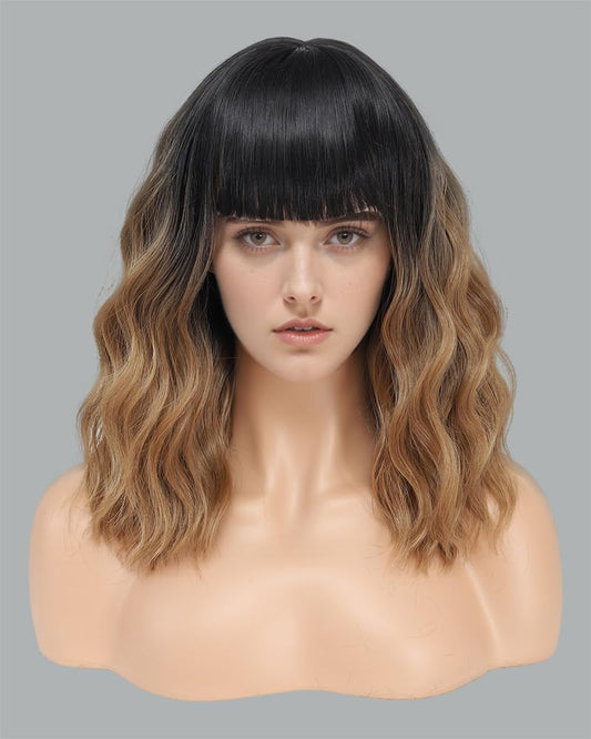 Short Wavy Ombre Brown Wig with Bangs 14inch Brown Wigs for Women Short Curly Bob Wigs Synthetic Natural Looking Hair Replacement Wigs Costume Cosplay Halloween Wig(14'' Ombre Brown)