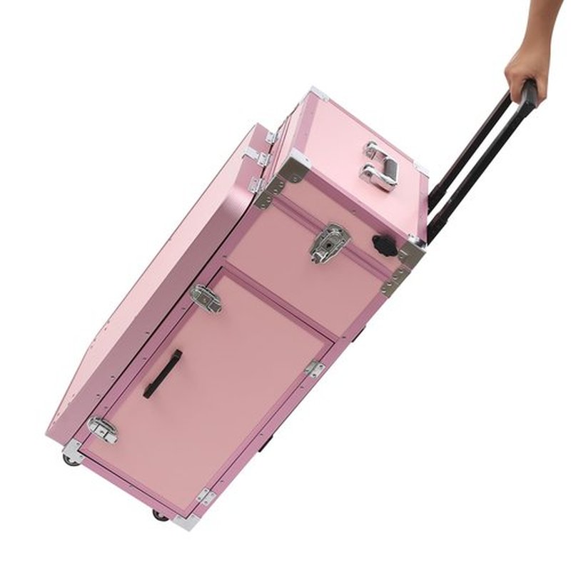 WBGANG Makeup Train Case With 4 Universal Wheels,Portablel Makeup Suitcase With Drawers,Unfold Table And Makeup Mirror,Rolling Cosmetic Storage Organizer For Makeup Artist,Hairstylist,Etc (Pink)