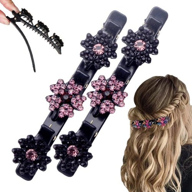 2 Pcs Sparkling Crystal Stone Braided Hair Clips, 2024 New Satin Fabric Hair Bands Rhinestone Four-Leaf Clover Hair Clip for Styling, Duck Bill Clips for Women Girls (D)
