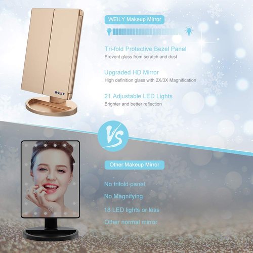 WEILY Makeup Mirror with 21 LED Lights,Two Power Supply Modes, Adjustable Touch Screen and 1x/2x/3x Magnification Tri-Fold Vanity Mirror,Chargeable Travel Cosmetic Mirror for Desktop(Gold)