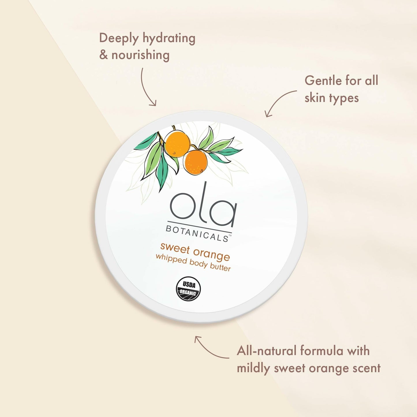 Ola Botanicals Whipped Body Butter (4oz) Sweet Orange, Deeply Hydrate & Nourish, Organic Shea Butter, USDA Organic, Non-GMO