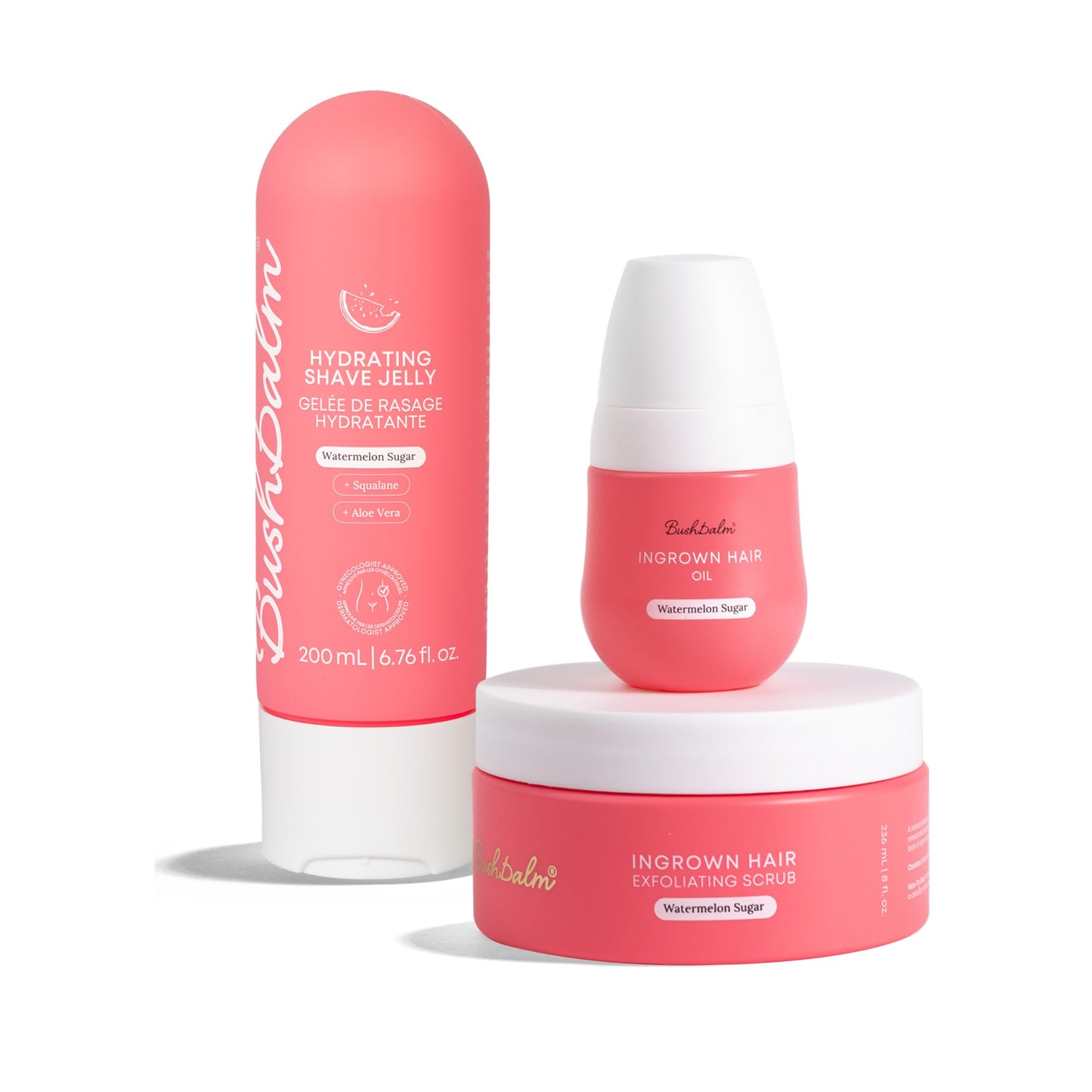 Bushbalm Shaving and Ingrown Hair 3 Step Routine – Reduce Razor Bumps & Hydrate – Shave Jelly, Ingrown Hair Oil and Exfoliating Scrub – Watermelon Sugar