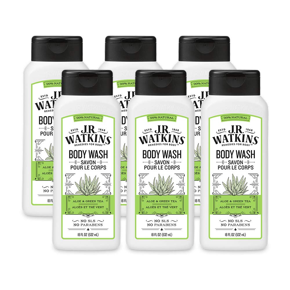 JR Watkins Natural Daily Moisturizing Body Wash, Aloe and Green Tea, 6 Pack, Hydrating Shower Gel for Men and Women, Free of SLS and Cruelty Free, 18 fl oz