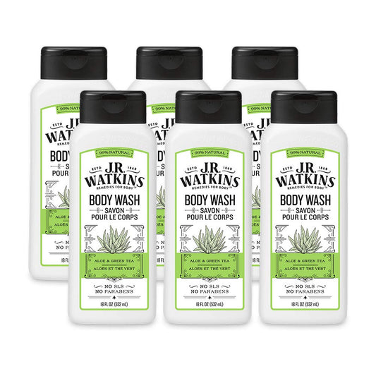 JR Watkins Natural Daily Moisturizing Body Wash, Aloe and Green Tea, 6 Pack, Hydrating Shower Gel for Men and Women, Free of SLS and Cruelty Free, 18 fl oz