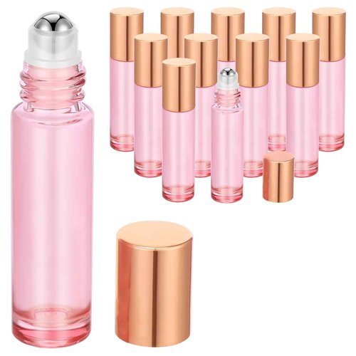 PrettyCare 10 ml Roller Bottles for Essential Oils (Rose Glass, 12 Pack, 2 Extra Roller Balls, 24 Labels, Opener, 2 Funnels Essential Oil Roller Bottles for body oil perfume
