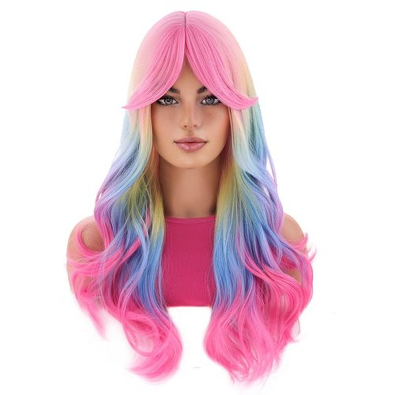BERON 26 Inches Rainbow Wig Long Wavy Wig with Bangs Synthetic Wig Long Wig Colorful Wigs for Daily Party with Wig Cap