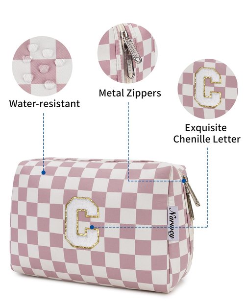 Narwey Personalized Initial Makeup Bag Toiletry Bag Gifts for Women Girls Large Checkered Makeup Bag Zipper Pouch Travel Cosmetic Bag Organizer for Women (Dusty Rose Checkerboard Letter C)