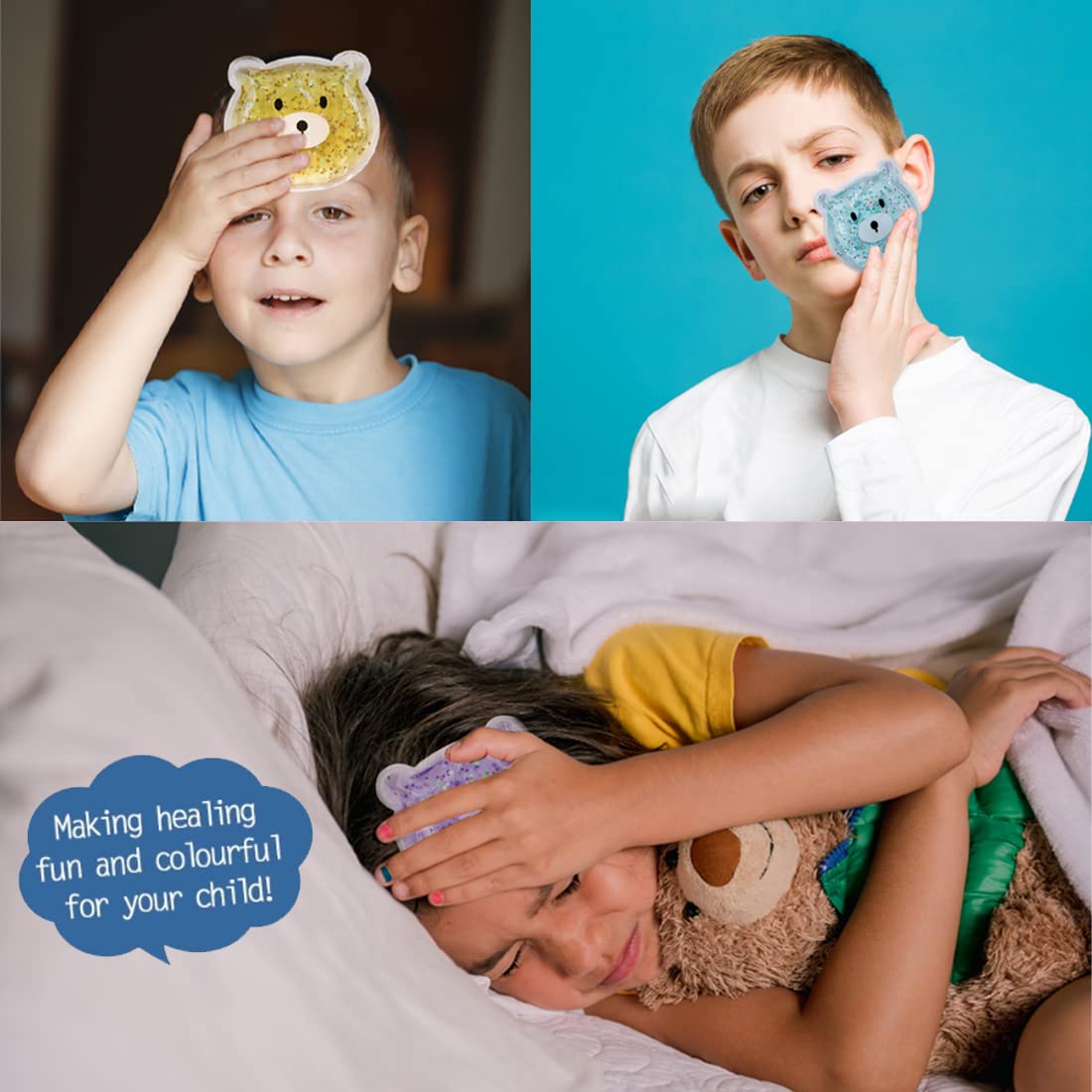 Boo Boo Hot Cold Ice Packs for Pain Relief, Lunch Bags Ice Packs, Reusable Gel Ice Pack for Kids Injuries, Fever, Wisdom Teeth, Tired Eyes, Headaches (4 Bear Gel Ice Packs)