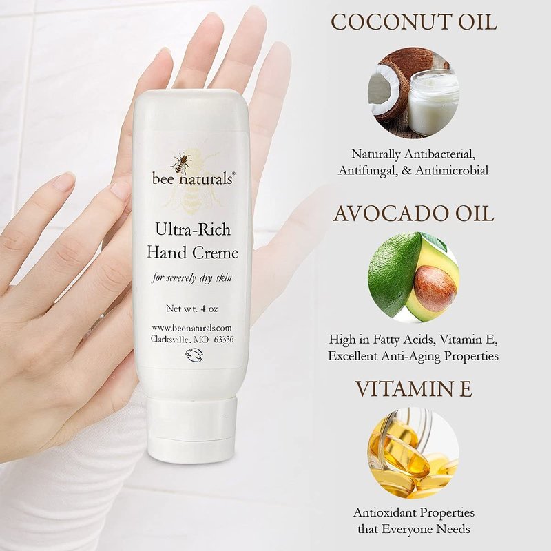 Bee Naturals Ultra-Rich Hand Cream - Intense Hydration for Dry, Cracked Skin | Coconut & Avocado Oils, Beeswax