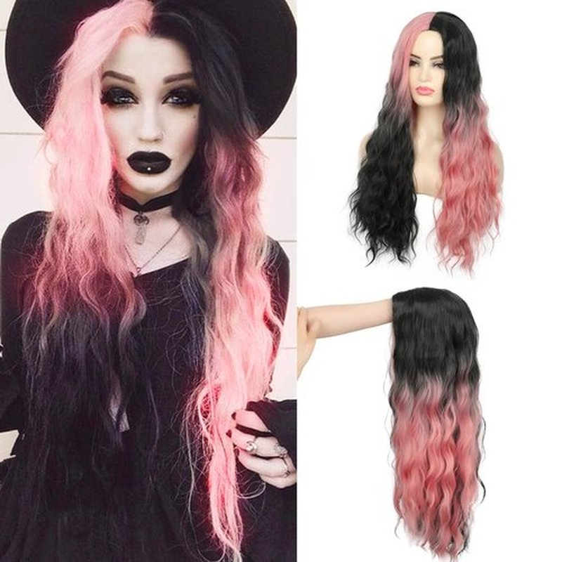 Swiking Half Pink Half Black Wigs for Women Long Curly Wave Synthetic Hair Heat Resistant Natural Full Wig for Daily Party Cosplay Halloween