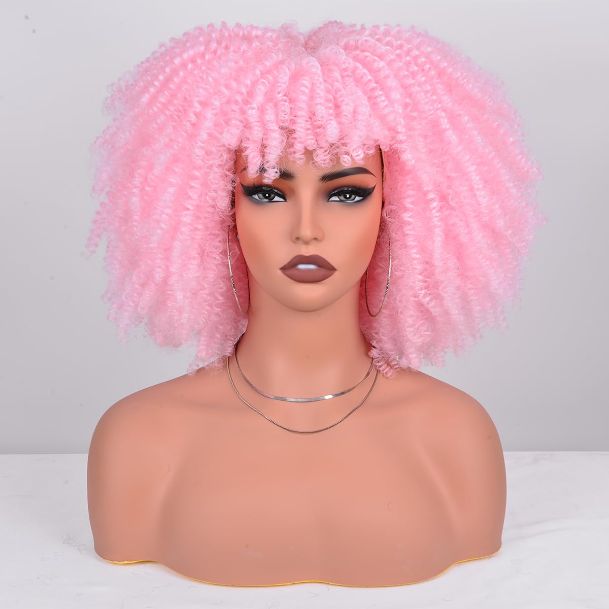 Vitorish Afro Kinky Curly Wig with Bangs 12 Inches Synthetic Full Wigs about 280g/Piece Heat Resistant Short Kinky Curly Wigs for Daily Party Cosplay Pink Wig