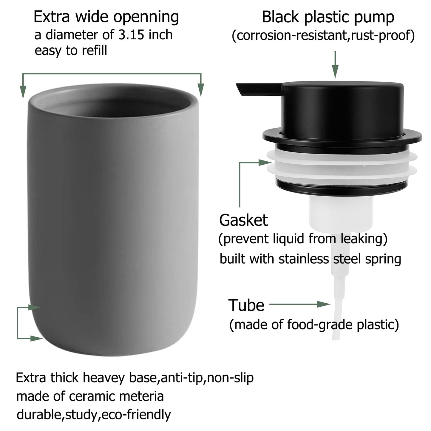 rejomiik Foaming Soap Dispenser Thick Ceramic Foam Hand Soap Dispenser for Bathroom or Kitchen Sink, Liquid Pump Bottles for Hand soap, Body Wash, Grey