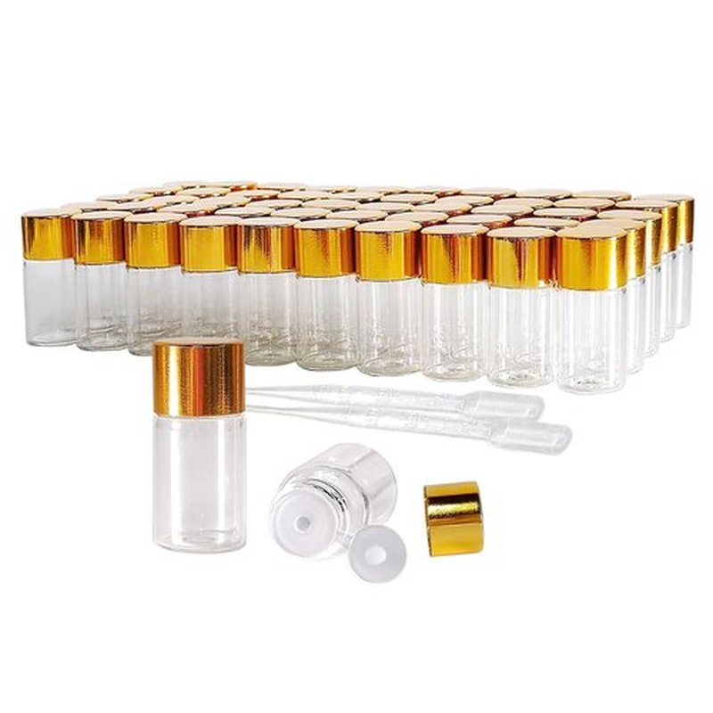 50Pcs 3ml Mini Essential Oil Bottles Sample Bottles with Orifice Reducers and Gold Caps,3ml Clear Glass Bottles Vials, for Perfume, Aromatherapy, Cosmetic Oils Container