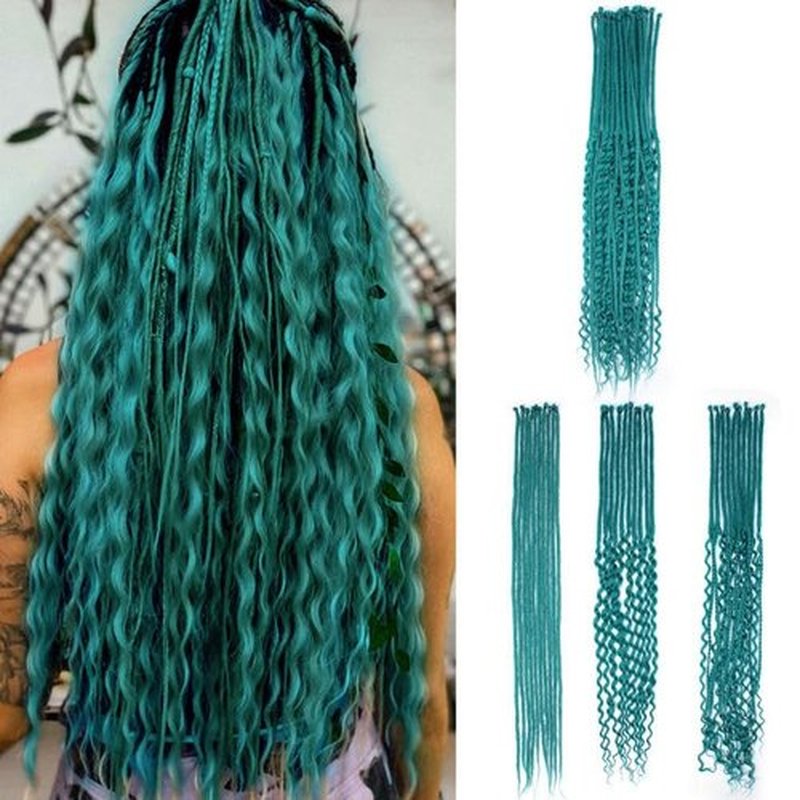 Quiduis 30 Inch 30 Strands SE Dreadlock Extensions,3 In 1 Mixed Synthetic Dreads Extensions,Teal Green Curly&Straight&Boho Single Ended Dreads Extensions Hippie Style Dreadlock for Women