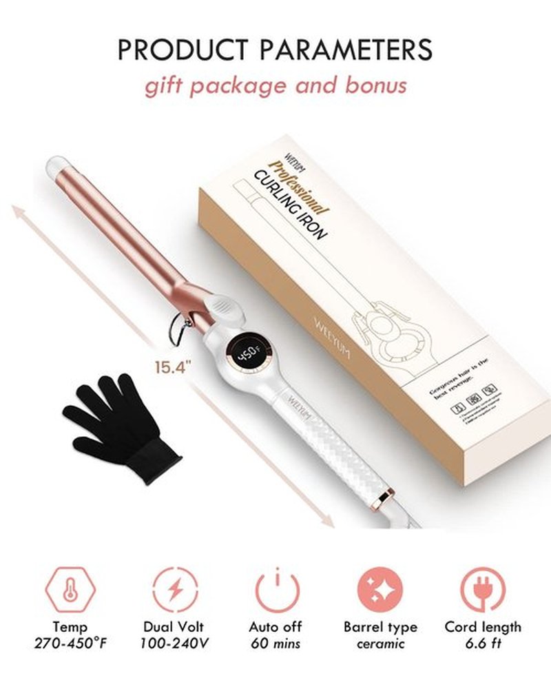 WEEYUM 3/4 Inch Curling Iron, Long Barrel Curling Wand for Hair, Ceramic Tourmaline Hair Curling Iron Double Voltage(100-240V)