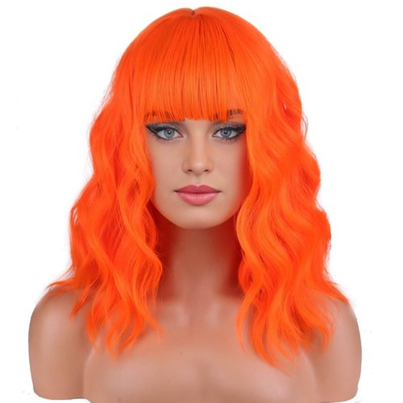 BERON 14 Inches Orange Wig Short Curly Wig Women Girl's Synthetic Wig Orange Wig with Bangs Wig Cap Included