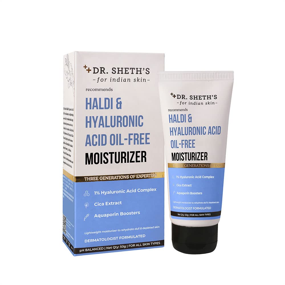 Dr. Sheth's Haldi & Hyaluronic Acid Oil-Free Moisturizer Lightweight Moisturiser Rehydrates Dull Skin With 1% Hyaluronic Acid, Cica Extract & Aquaporin Boosters For Women & Men 50G