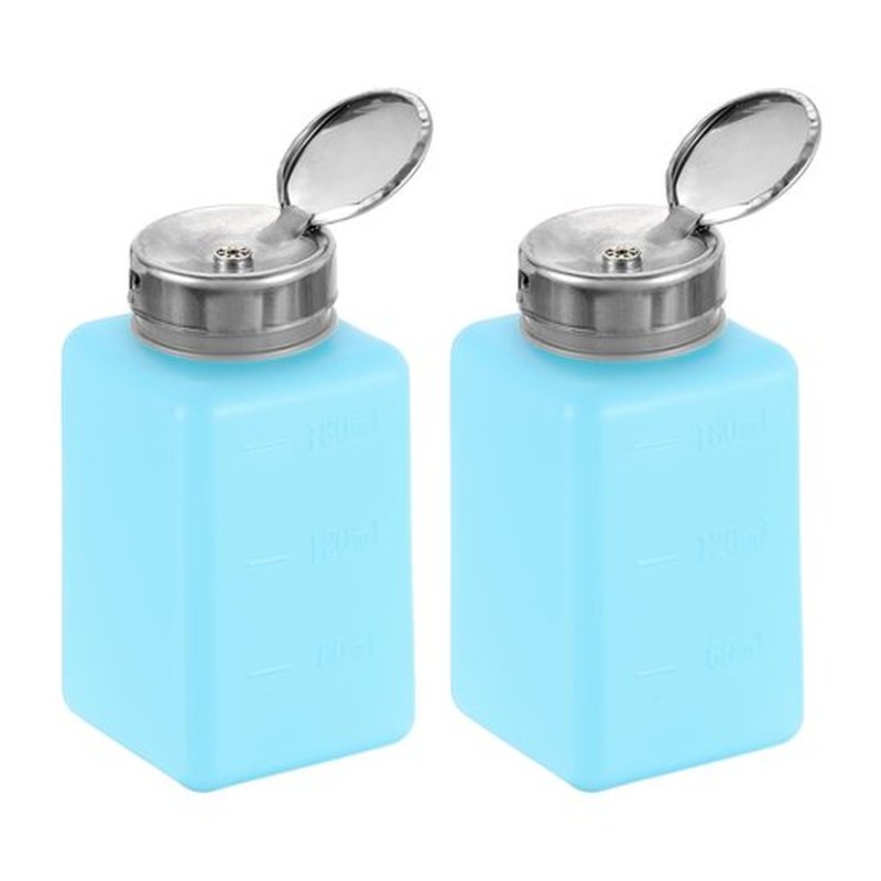 HARFINGTON 2pcs Solvent Alcohol Dispenser 180ml(6.1oz) Nail Polish Remover Push Down Liquid Dispenser Pump Bottle with Stainless Steel Press Head for Acetone Cleanser Polish Remover, Blue