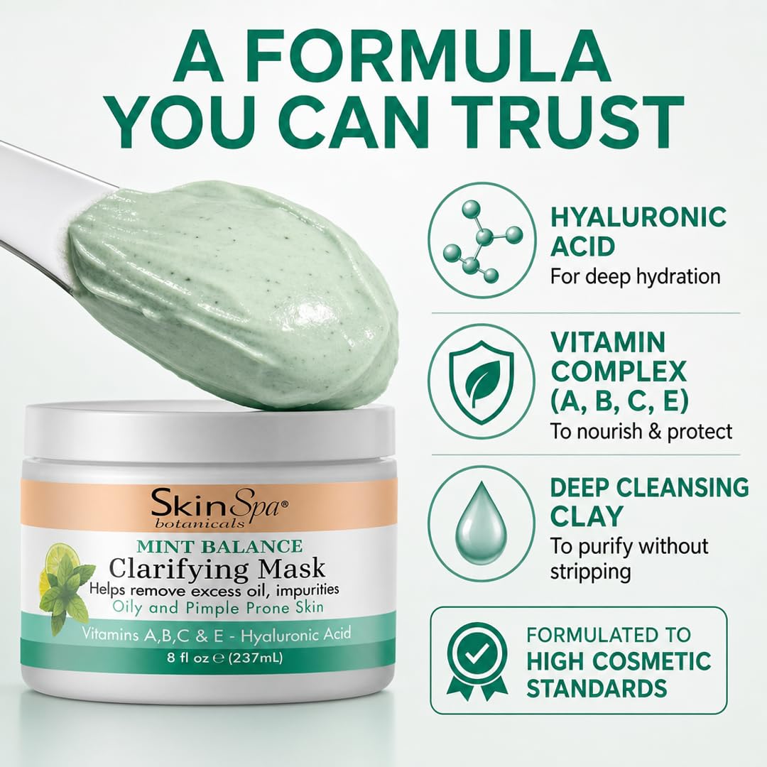SkinSpa Face Mask - Acne Control Mint Julep Masque with Hyaluronic Acid, Vitamin B & E - Lock In Moisture, Cleanse & Refresh Oily, Pimple-Prone Skin - 8 oz