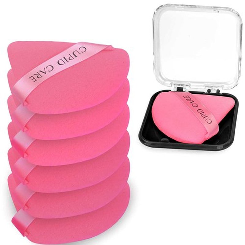 CUPID CARE 6 Pcs Triangle Powder Puff with 2 Travel Cases, Setting Powder Puffs for Face Powder and Foundation, Velour Makeup Puff for Loose Powder Body Powder, Skin-Friendly, Beauty Makeup Tools-Red