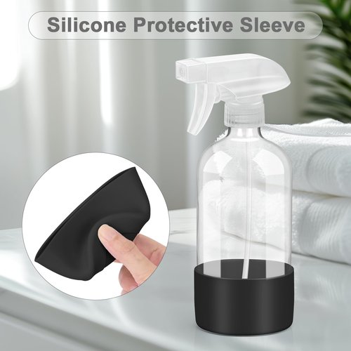 Worldgsb 2 Pack Glass Spray Bottles with Silicone Sleeve, 16 oz Empty Refillable Containers with Adjustable Spray Nozzles, Spray Bottles for Hair, Cleaning Solutions and Plants Black