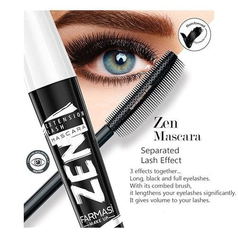Farmasi Zen Extension Lash Mascara, Deep Black, Eyelash Volumizer with Smudge Free, No Clump, All Day Finish, Flake Resistant Makeup, Fuller Longer and Thicker Lashes, 8 mL (Double)
