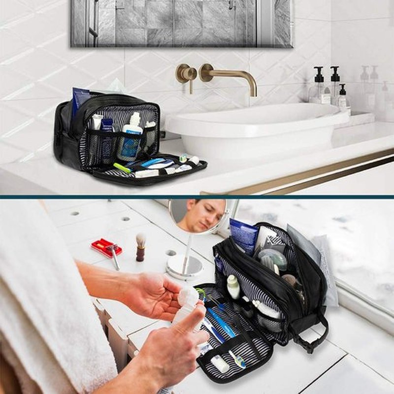 PAVILIA Toiletry Bag for Men, Travel Toiletries Bag | Water-resistant Dopp Kit, PU Leather Shaving Pouch Organizer for Accessories, Cosmetic, Hygiene, Grooming Essentials (Black)