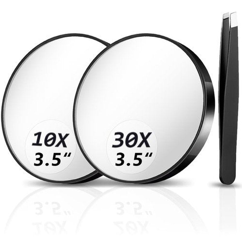Magnifying Mirror 10X&30X Set, Magnified Mirror 3.5" with Two Suction Cups and Tweezers, Travel Magnifying Mirror Set Comes with Portable Storage Bag, Compact Small Magnifying Mirror for Travel(Black)