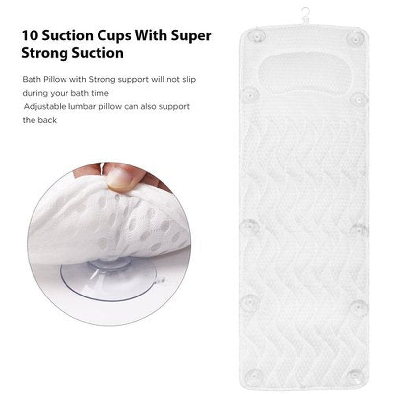 Full Body Bath Pillow with Headrest | Bath Pillows for tub with Mesh Washing Bag-Spa Bathtub Pillow for Head Neck Shoulder and Back Support,5D Air Mesh & Quick Drying (White)