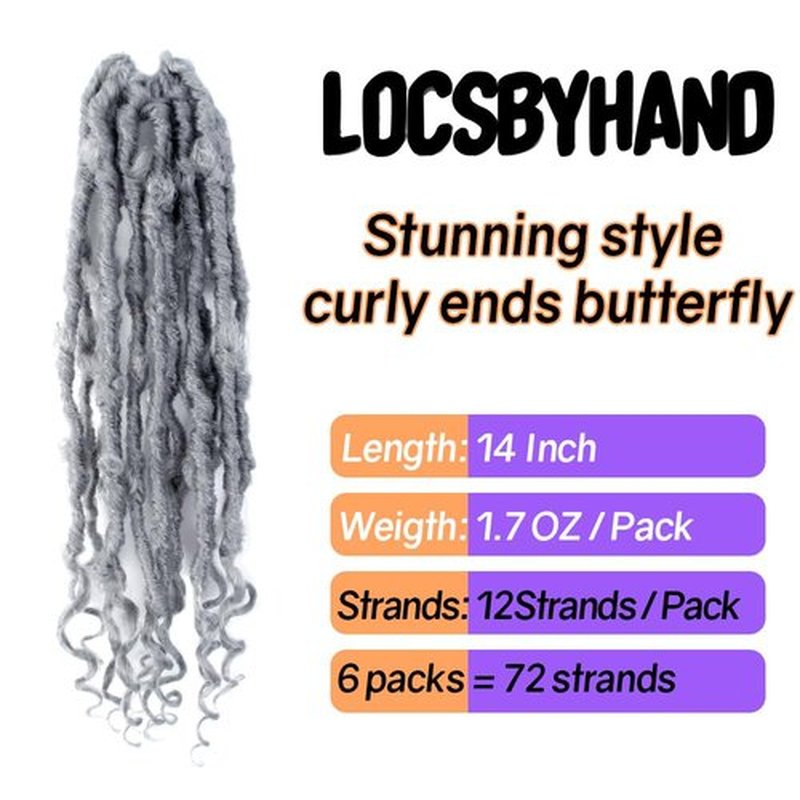 Crochet Butterfly Locs with Curly Ends 14 Inch, Boho Distressed Butterfly Locs Crochet Hair, Gray Bohemian Goddess Faux Butterfly Braids with Curly Ends (6 Packs, Gray)