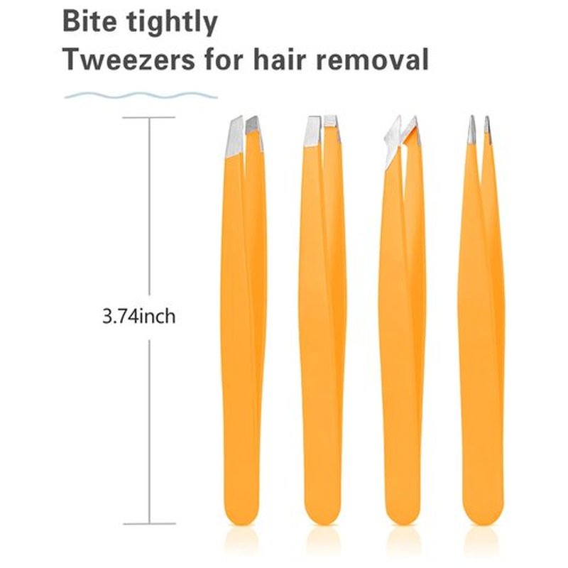 Tweezers Set, High Precision Stainless Steel Eyebrow Tweezers for Facial Hair, Inward Growing Hair and Splinter Remover Kit, Travel Essentials, Suitable for Women and Men, 4-Piece Set(Orange)