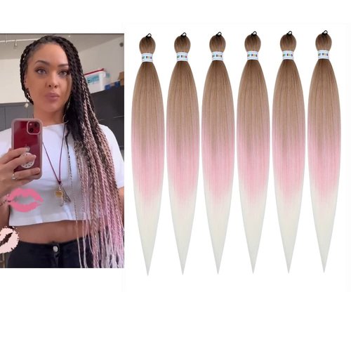 Newluyang Pre Stretched Braiding Hair,Top Silky Color Blend Synthetic Fiber Braid Hair Extensions,26inch 6packs three Color Yaki Texture Crochet Hair Extension Braids(Brown-Pink-Bleach Blonde).