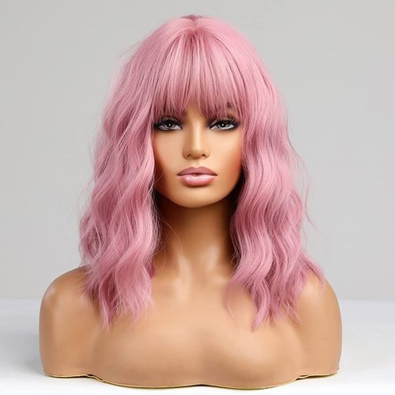 BERON Candy Pink Wig Short Curly Wig Pink Wig with Bangs Women Girl's Charming Wig Candy Pink Wig Synthetic Wig with Wig Cap