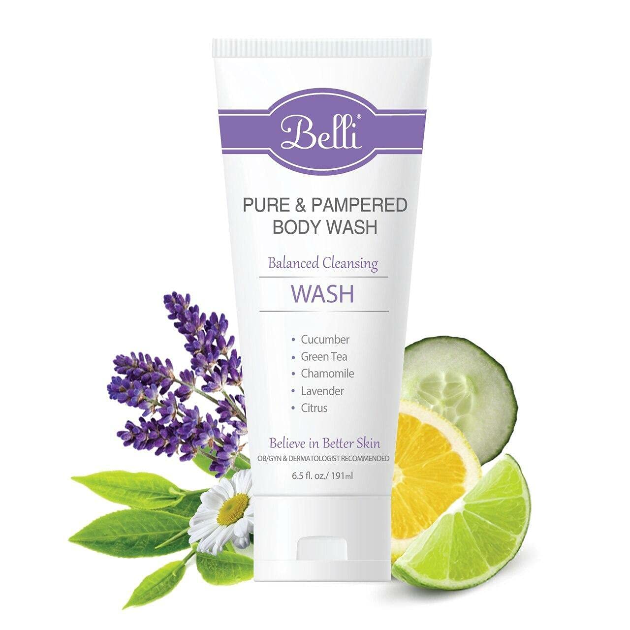 Belli Skincare Pure and Pampered Body Wash, Moisturizing Skin Cleanser, Contains Cucumber Green Tea Extracts, For All Skin Types, Dermatologist recommended, 6.5 Oz