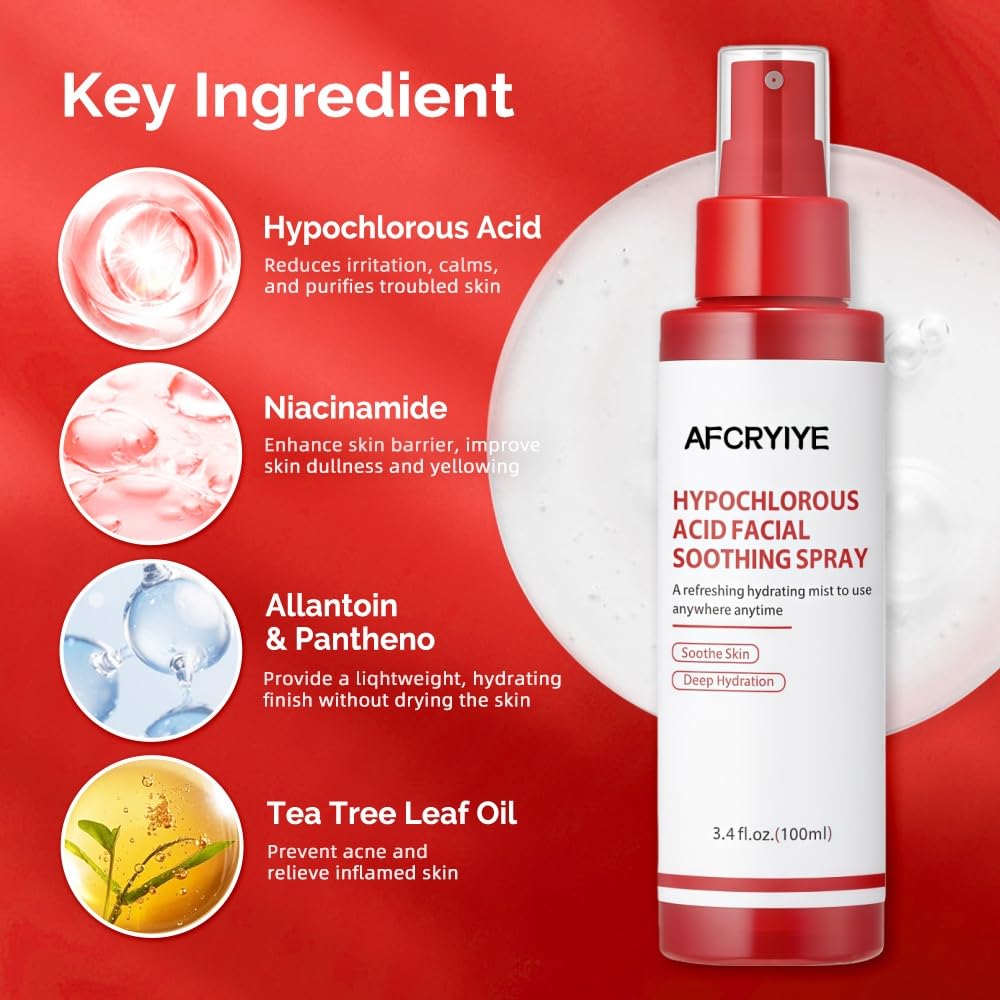 AFCRYIYE Hypochlorous Acid Facial Spray - Soothing Calming Mist for Sensitive, Delicate & Acne-Prone Skin | Daily Use, Post-Sun Care, Korean Skincare Formula | 3.4 Fl Oz
