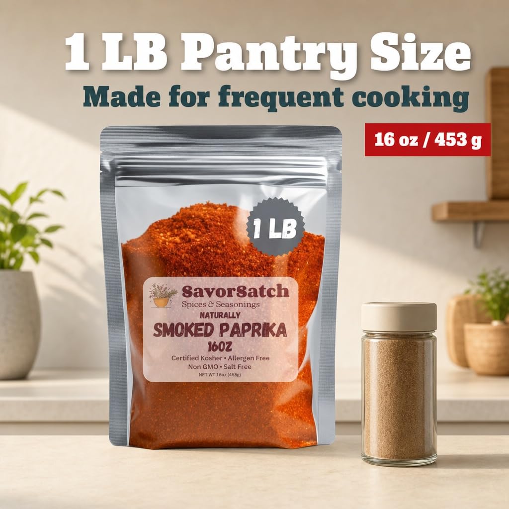 SavorSatch Smoked Paprika - Naturally Smoked Sweet Paprika, Certified Kosher, 16 Ounce (1 Pound) Resealable Pouch | Bulk Spice for Cooking, Seasoning, and Grilling